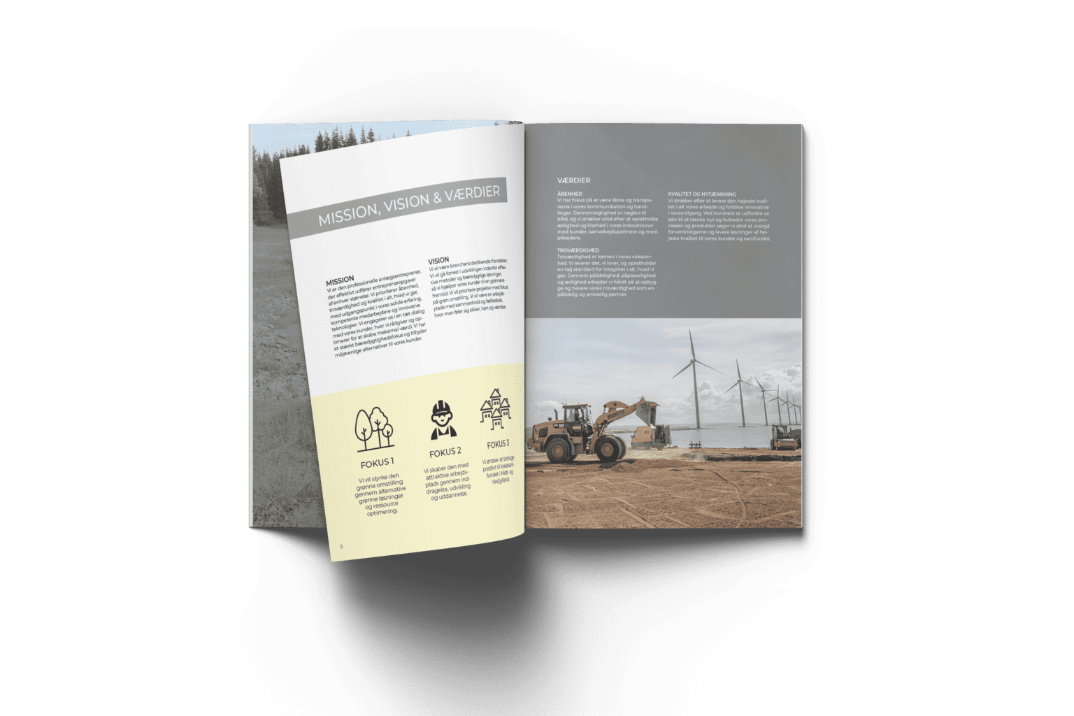 IvanBJ brochure med mission, vision, værdier. Viser vindmøller og entreprenørmaskiner ved kysten, symboliserer grøn omstilling.